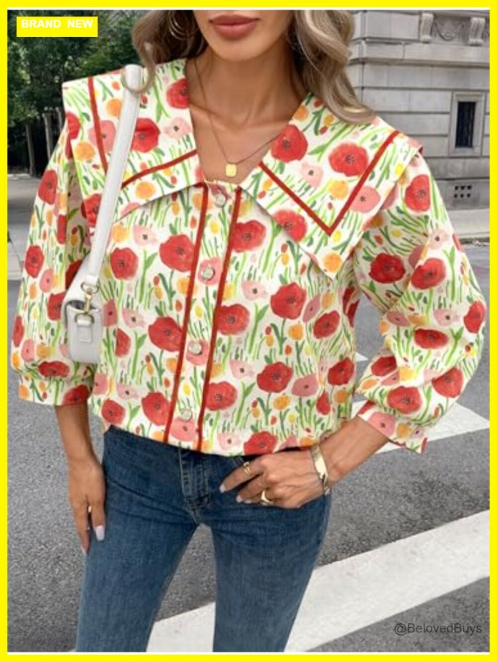 Floral Button Down Blouse 3/4 Sleeve Peter Pan Collar Cotton - Picture 3 of 7